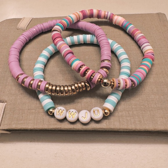 WWJD Multicolor Clay Christian Faith Jewelery Jesus Bracelet Stack Pastel Heishi - Picture 4 of 6